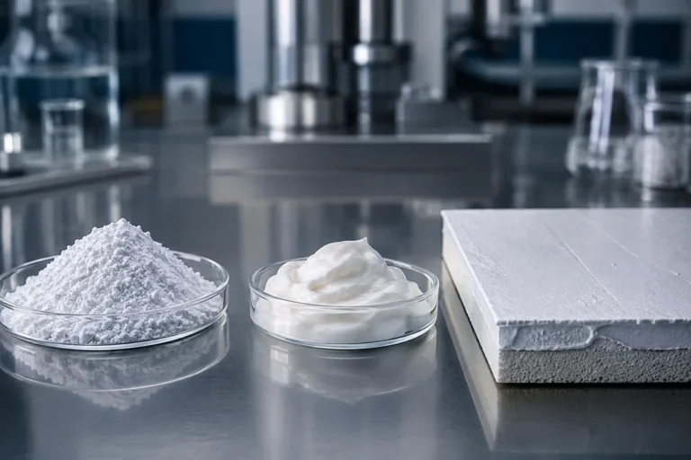 Aerogel powder, paste and coated insulation panel arranged in a modern materials laboratory