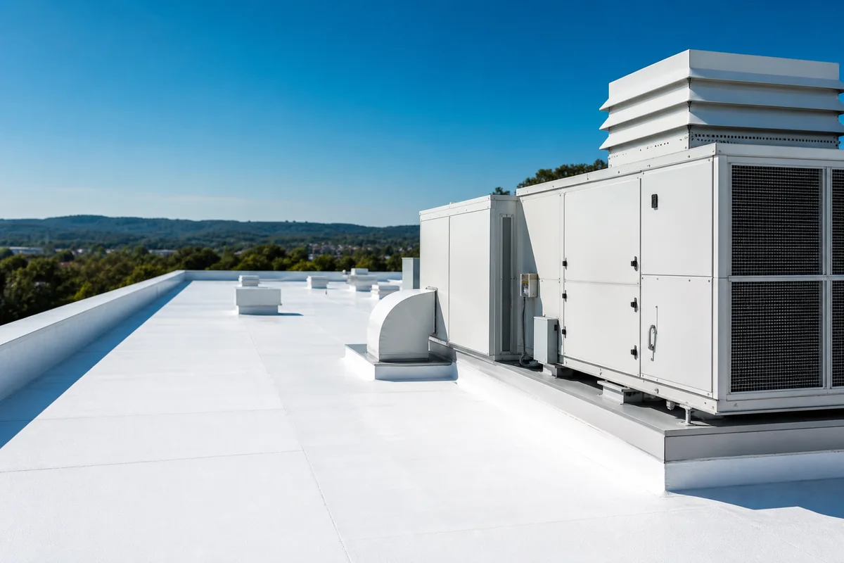 Radiative cooling roof system applied around rooftop HVAC equipment