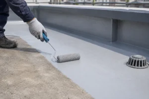 Professional application of a continuous waterproof coating around a roof drain and parapet