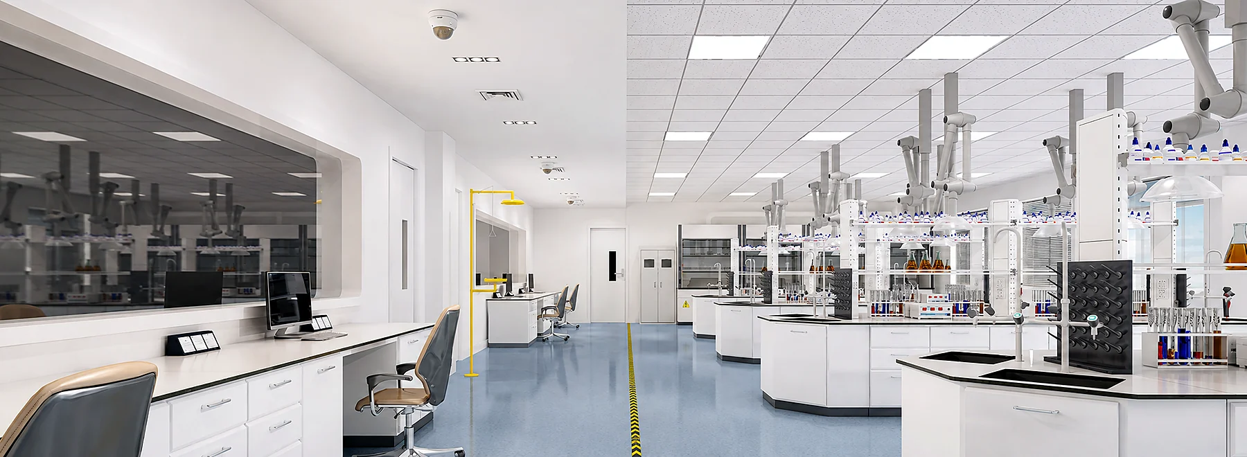 Bright modern Huacheng laboratory with analytical workstations and testing equipment