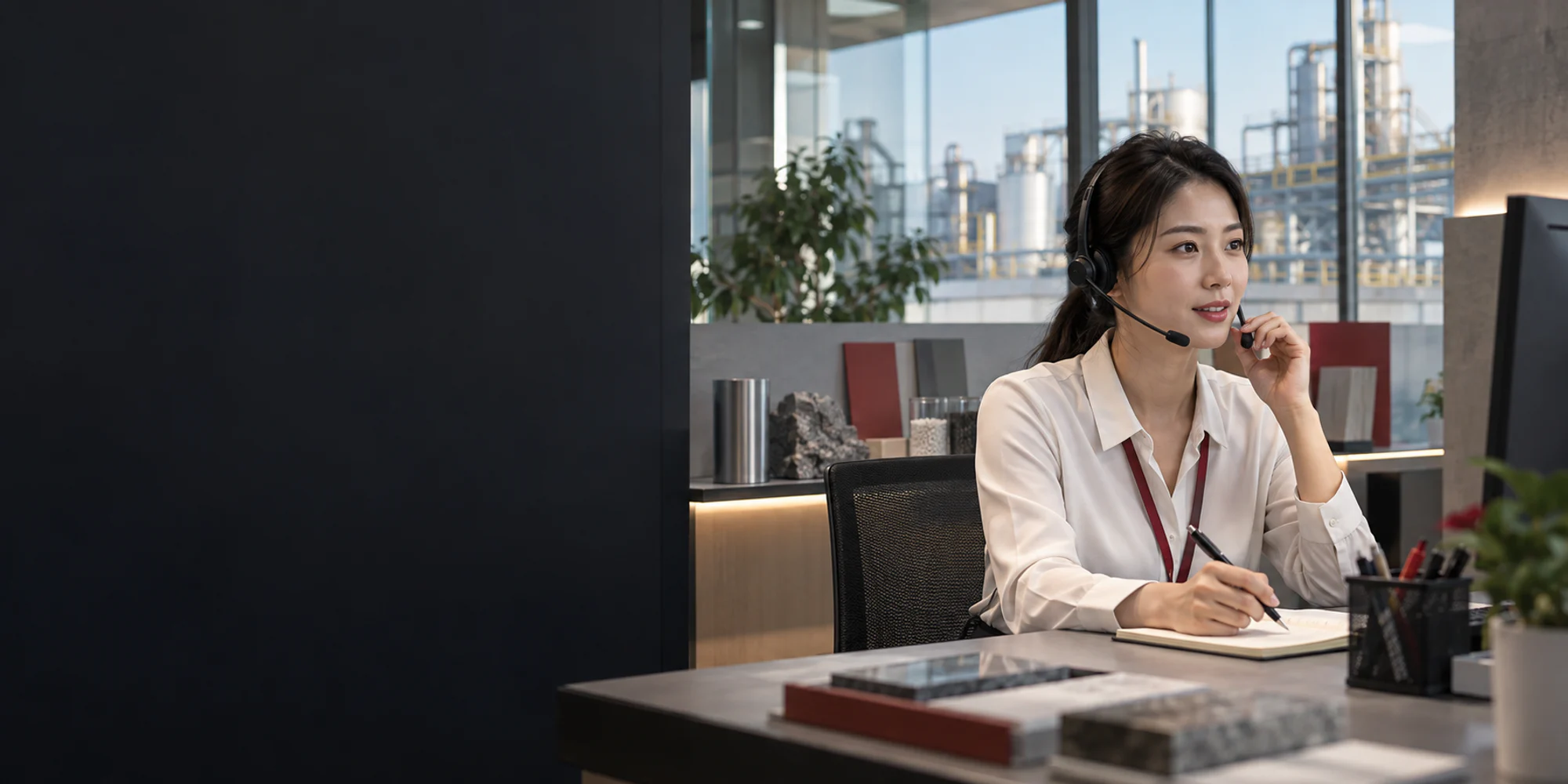 Professional customer service representative answering an international business inquiry