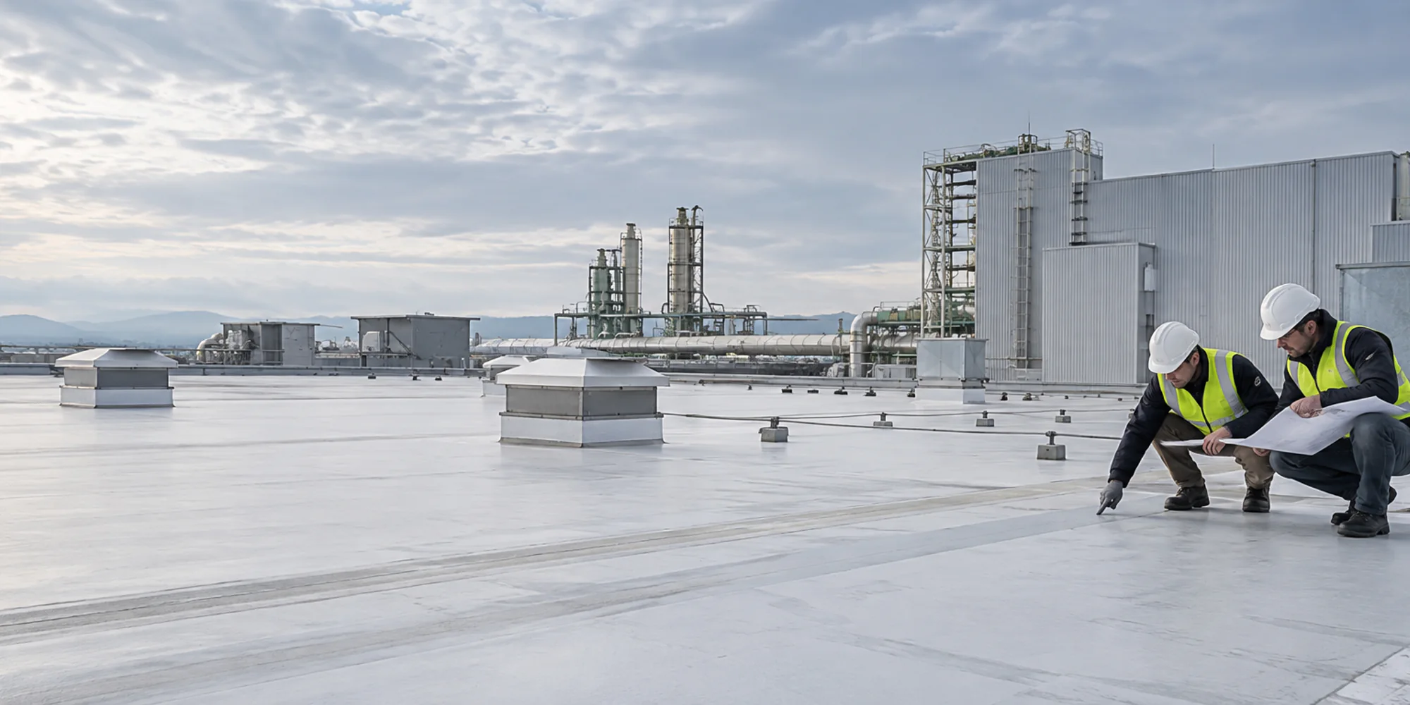 Engineers inspecting a protected industrial roof at a modern manufacturing facility